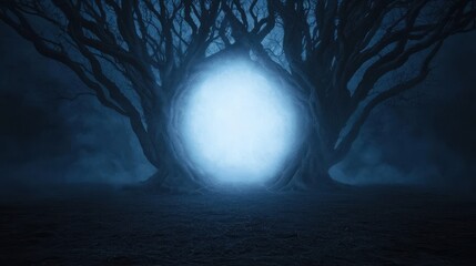 A mysterious, foggy forest scene with dark, twisting trees surrounding a glowing, ethereal light in the center.