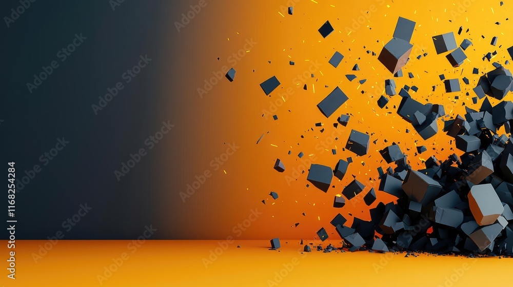 Aufkleber Burst abstract background concept. An abstract explosion of 3D geometric shapes on a vibrant orange gradient background.