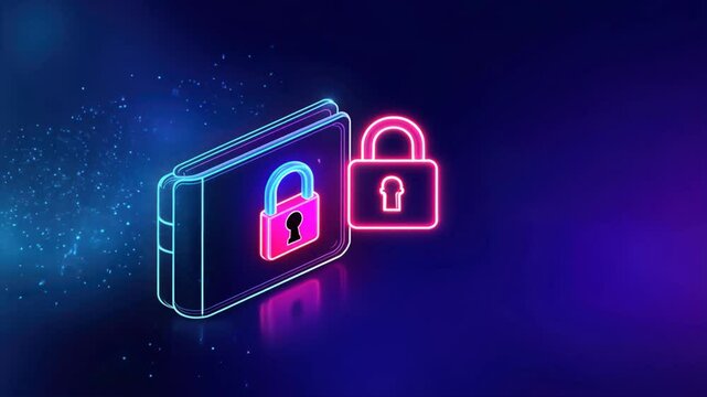 digital wallet with a neon padlock icon on a dark backdrop emphasizes payment gateway security, tokenization, and fraud detection