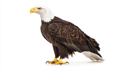 Obraz premium A majestic bald eagle stands proudly, showcasing its striking white head and powerful physique against a plain background.