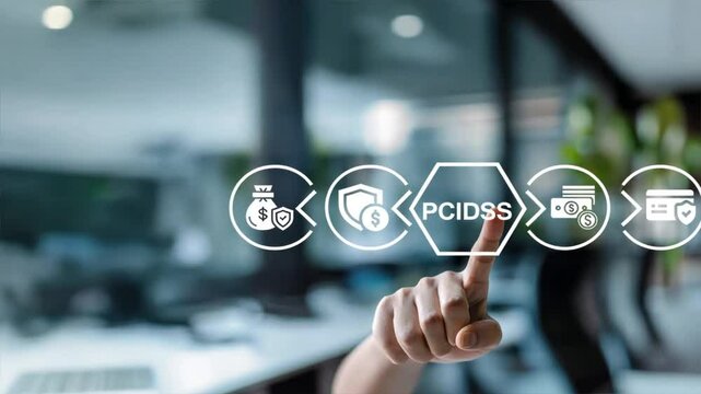 A hand points to PCI DSS text surrounded by icons, representing payment gateway security, tokenization, and fraud detection