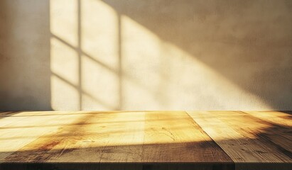 Sunlit wooden table against a textured wall.