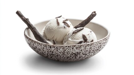 Two scoops of vanilla bean ice cream in a bowl