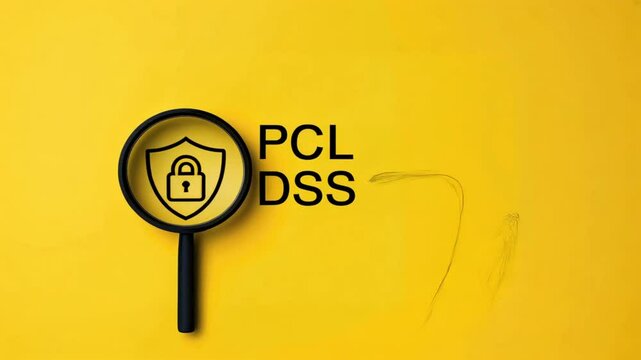 A magnifying glass hovers over PCI DSS text on yellow, symbolizing payment gateway security, fraud detection, and compliance