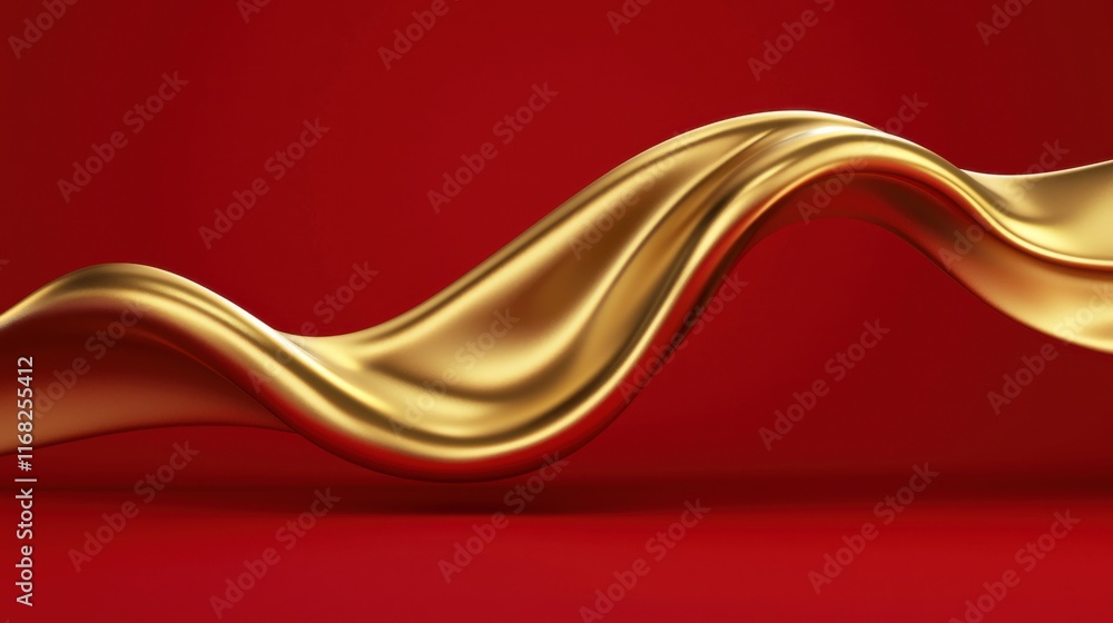 Poster a stunning golden wave on a vibrant red backdrop, creating an airy and elegant visual effect for des