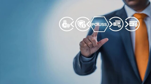 A businessman interacts with a virtual screen displaying PCI DSS, representing payment gateway security, data encryption, and tokenization