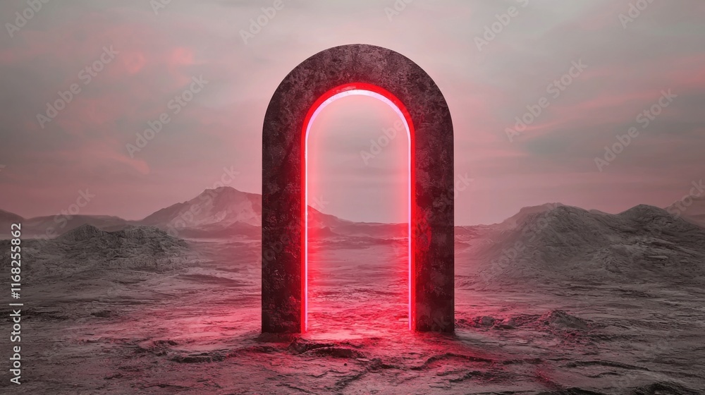 Poster a surreal archway glows with red light against a desolate landscape. an intriguing composition that 