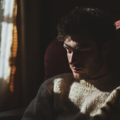 Young caucasian male in thoughtful pose by sunlit window