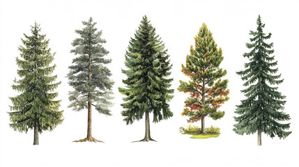 Obraz premium Tall evergreen trees including spruce, fir, and pine species
