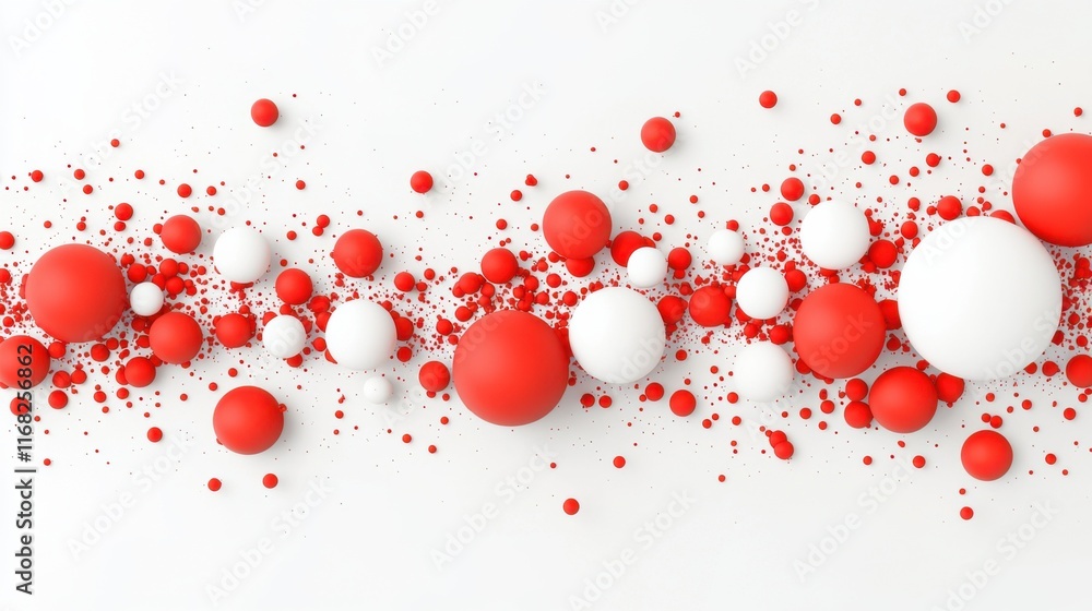 Poster a vibrant arrangement of red and white spheres creating a dynamic visual effect on a white backgroun