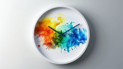 A modern wall clock with a simple, circular design, elevated by vibrant splashes of color that create a fun and playful atmosphere