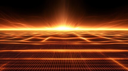 A vibrant digital landscape illuminated by a radiant sunset, showcasing an abstract grid pattern and glowing horizon.