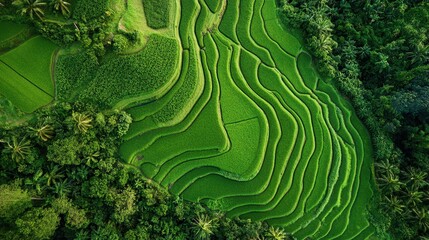 Aerial view of green agricultural fields with geometric shapes and patterns