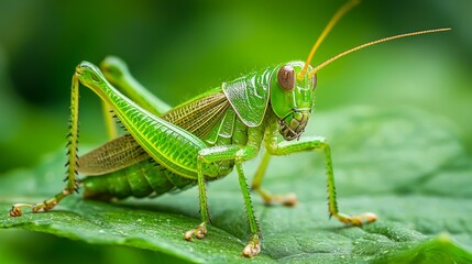 Close-up of a Vibrant Green Grasshopper Resting on a Leaf Amidst Lush Green Background