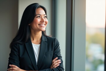 Fototapeta premium Confident Businesswoman Smiling in Office Setting, Perfect for Motivational Posters or Professional Branding Materials