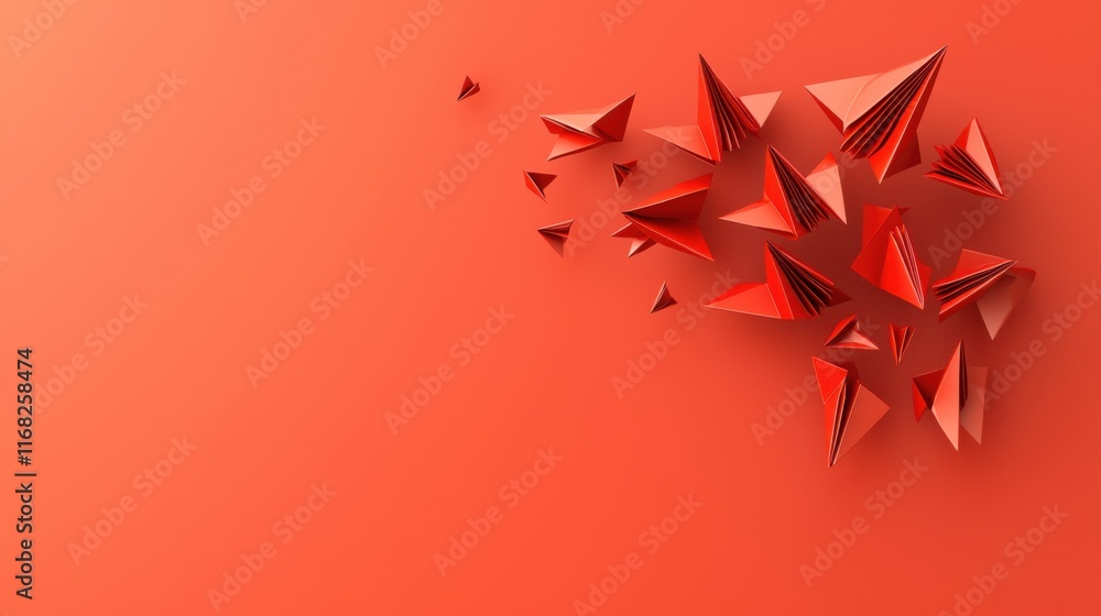 Poster a vibrant red background adorned with three-dimensional paper-like geometric shapes, creating a dyna