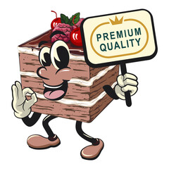 black forest cake cute cartoon isolated vector illustration character mascot carrying a sign board that says premium quality while giving an okay sign, work of hand drawn