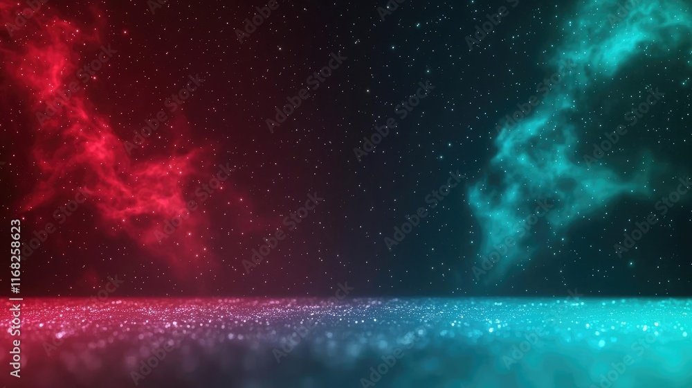 Poster galaxy abstract background concept. vibrant cosmic background featuring red and turquoise nebulas wi