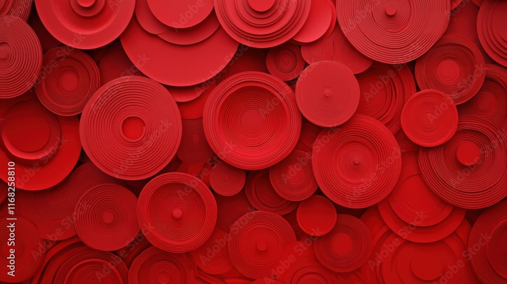 Poster a vibrant red background featuring various circular shapes creating a modern and artistic texture.