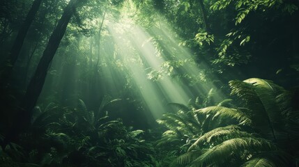 Obraz premium Lush green forest background with soft light filtering through the tree canopy