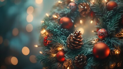 A beautifully decorated Christmas wreath with red ornaments, pinecones, and warm lights, evoking a cozy holiday spirit