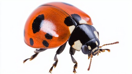 Close-up View of a Vibrant Red Ladybug with Black Spots Against a Clean White Background