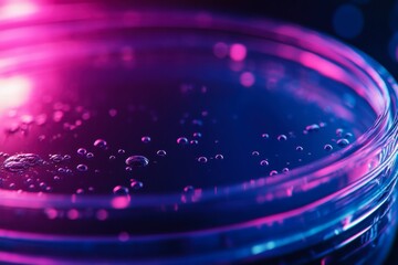 A close-up of a petri dish with bubbles, illuminated by vibrant pink and blue lighting, creating a captivating visual effect