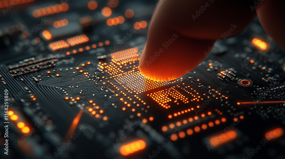 Poster close-up of a robot finger gently touching a computer chip symbolizing the intersection of artificia