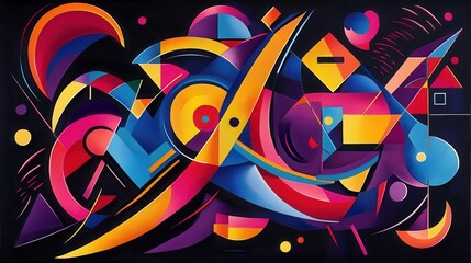 Abstract bright geometric shapes overlapping with vibrant colors on a dark background