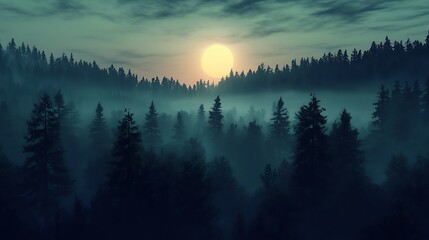 Obraz premium Serene view of a dense forest with mist covering the treetops at sunrise 