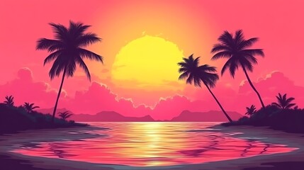 Pink Sunset Paradise: Silhouetted Palms and Tropical Beach Scene
