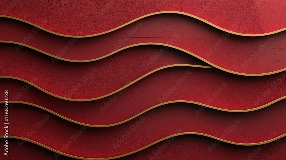 Poster a vibrant red wave pattern with elegant golden edges, suitable for modern designs and backgrounds, a