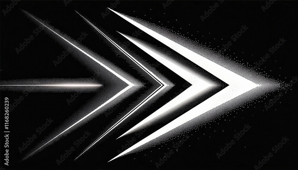 Poster abstract image featuring multiple arrows in a gradient of white to black, conveying movement and dir