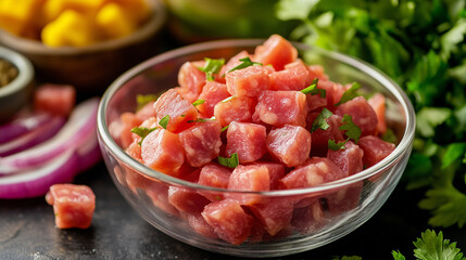 Diced pieces of boiled sausage in a glass bowl garnished with fresh greens