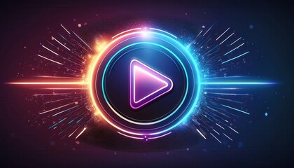 A vibrant play button surrounded by colorful light effects, symbolizing video playback and digital media.