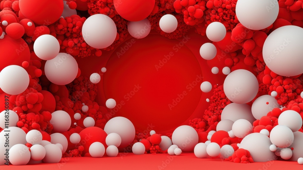 Poster abstract design featuring vibrant red and white spheres creating a dynamic, modern visual space.