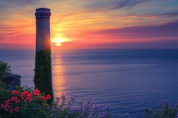 A picturesque sunset over the ocean, with an old brick chimney silhouetted against the vibrant sky and blooming flowers.