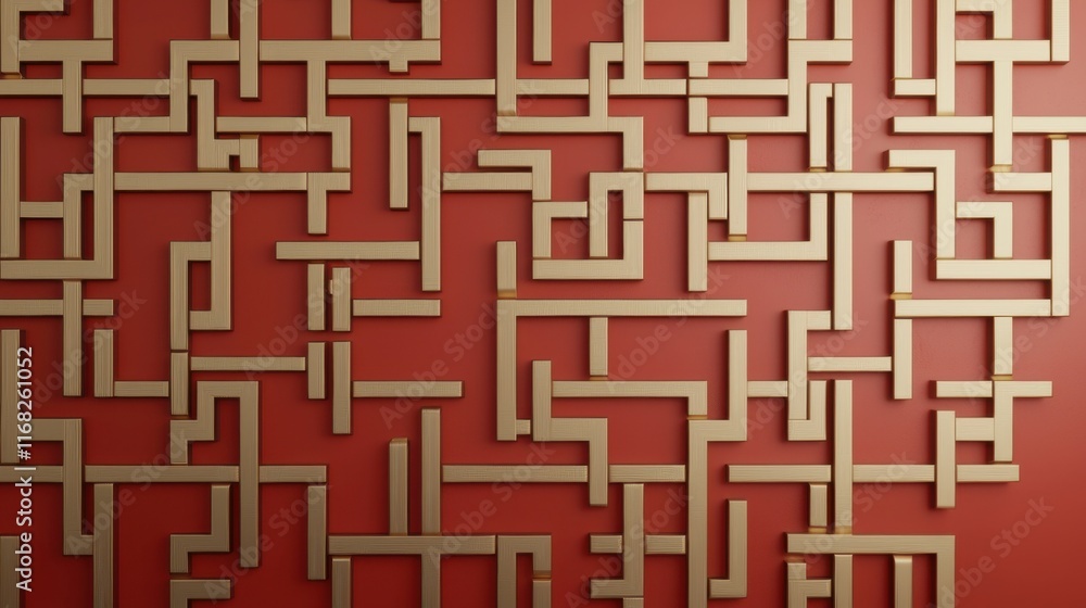 Poster abstract maze design with wooden elements on a red backdrop, creating a visually intriguing pattern 