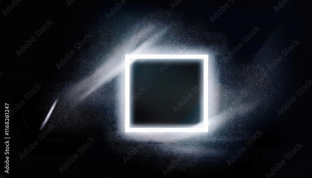 Poster a glowing square outlined in light, surrounded by a misty effect against a dark background, creating