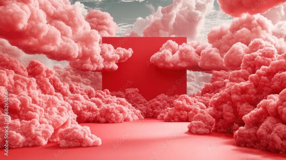 Poster abstract scene with vibrant pink clouds and a central red cube, evoking creativity and imagination i
