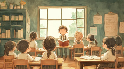 Obraz premium Illustration of children reading books in classroom cheerfully