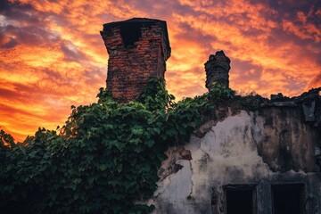 Obraz premium Ruins of a brick building overgrown with ivy against a vibrant sunset sky.