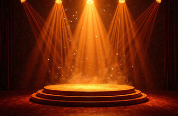 A stage illuminated by golden rays and sparks. Background without people.