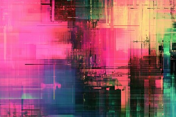 Abstract vibrant glitch art background with pink, green, and red hues and textured overlay.