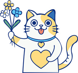 Cartoon cute Valentines day cat with heart holding flowers vector, perfect for valentine's day card design
