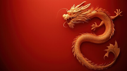 Fototapeta premium An artistic representation of a golden dragon on a red background, symbolizing strength and good fortune in Asian culture.