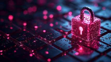 Futuristic glowing pink padlock symbolizing cybersecurity and data protection on a digital keyboard