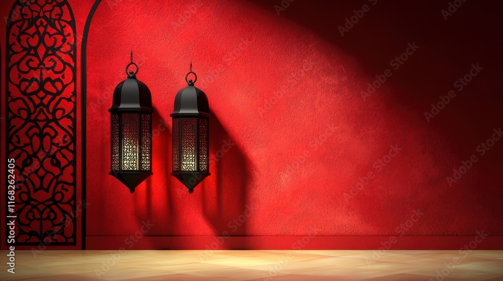 Poster beautifully designed lanterns cast shadows on a vibrant red wall, creating a warm and inviting atmos