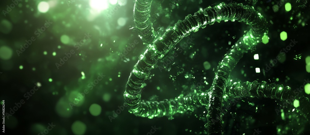 Poster Glowing green helix in dark background with bokeh.