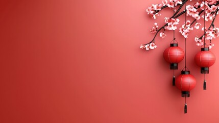 Celebrate tradition with vibrant red lanterns and cherry blossoms, symbolizing prosperity and new beginnings in cultural festivities.